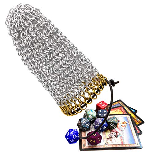 Mythrojan Chainmail Game Dice Bag | Medieval Drawstring Aluminium Ring Pouch for DND, Role Playing, Games, Storing Dices, Accessories | Chainmaille DND Dice Pouch with Brass Polished Edges Ring