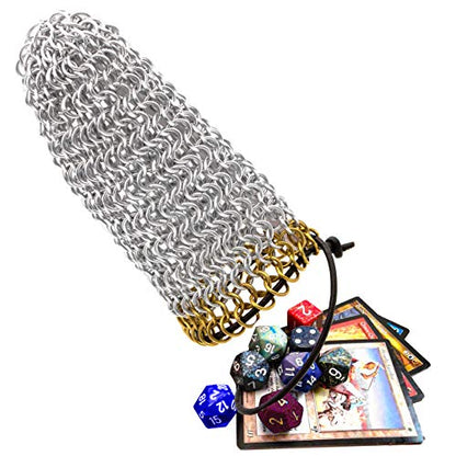 Mythrojan Chainmail Game Dice Bag | Medieval Drawstring Aluminium Ring Pouch for DND, Role Playing, Games, Storing Dices, Accessories | Chainmaille DND Dice Pouch with Brass Polished Edges Ring