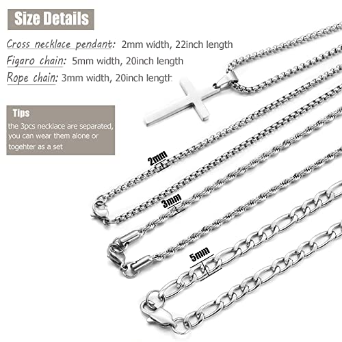 3Pcs Set Cross Necklace for Men, Mens Cross Necklace Cross Chain Layered Stainless Steel Rope Figaro Chains for Women Boys Gold Silver Black (20inch/22inch) - color: Silver