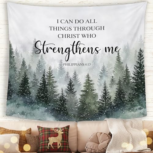 MNASAIOO Christian Winter Snow Forest Wall Tapestry Hanging for Bedroom, Bible Verse I Can Do All Things through Christ Banner, Snowy Rustic Farmhouse Wall Decor for Holiday Living Prayer Room 50x60in - color: strengthens green