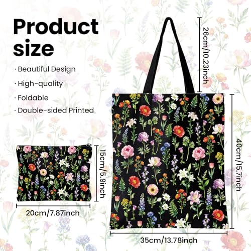 2 Pack Canvas Tote Bag with Makeup Zipper Pouch Colorful Polyester Printed Reusable Shopping Bags for Women - style: Black Flower