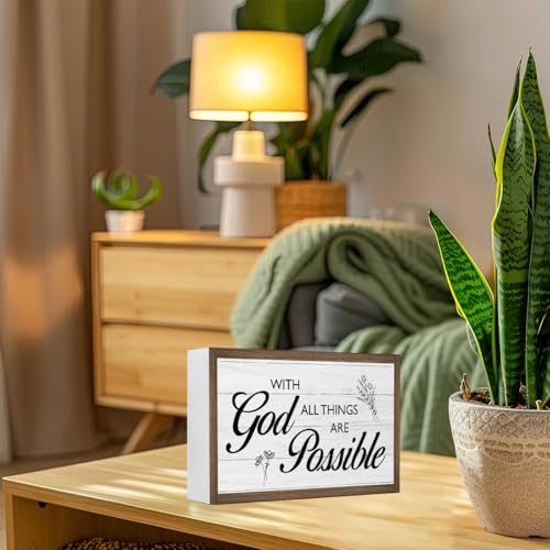 With God All Things are Possible Bible Verse Wooden Box Sign Desk Decor,Rustic Scripture Wooden Block Plaque Sign for Christian Farmhouse Home Office Shelf Table Wall Decor