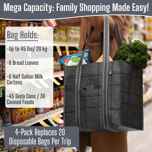 VENO 4 Pack Large Grocery Bag Reusable Shopping Bags with Hard Bottom - color: Windowpane