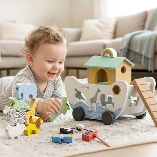 GiggleGems Noah's Ark Wooden Toy - All-in-1 Push Pull Shape Sorter for Toddlers - Montessori Animal Matching Set - Baptism Christening Gift for Birthday, Religious Toys for Boys Girls (18M+)