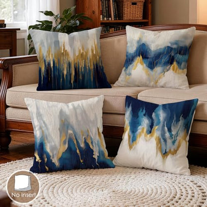 OBSEDE Blue Gold Abstract Art Modern Throw Pillow Covers 18 x 18 Set of 4 - color: Blue and Gold Abstract Art, size: 18" x 18" (Pack of 4)