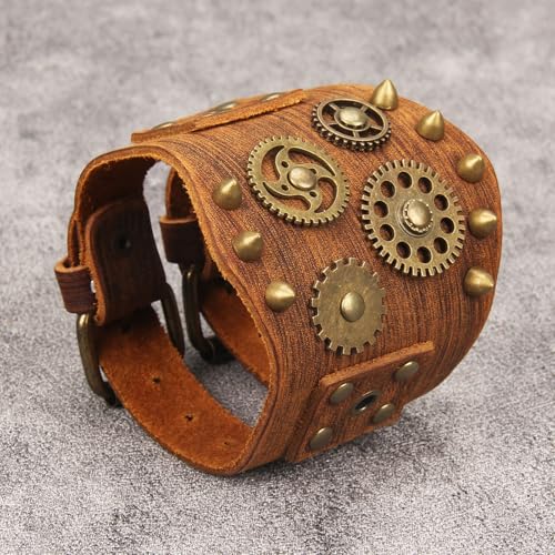 GelConnie Punk Leather Cuff Bracelet Adjustable Straps Wrap Bracelets Arm Armor Cuff Gothic Leather Wristbands for Men, Women - color: MLPB111-Brown