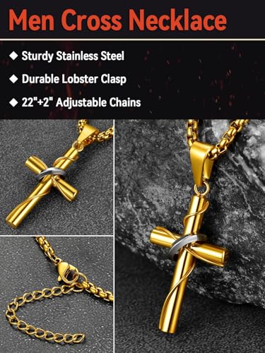 FaithHeart Stainless Steel Cross Necklace for Men, Silver/Black/Gold Cross Chains for Men Religious Amulet Necklaces Christian Gifts for Dad - style: Wrap Cross-Gold