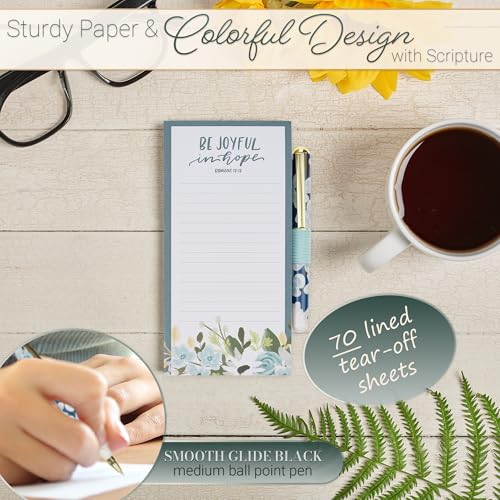 Christian Art Gifts Magnetic Notepad & Pen Set for Women, Be Joyful in Hope - color: Blue & White Floral/Be Joyful