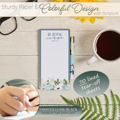 Christian Art Gifts Magnetic Notepad & Pen Set for Women, Be Joyful in Hope - color: Blue & White Floral/Be Joyful