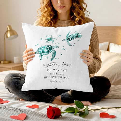 Coastal Christian Inspirational Sea Turtle Throw Pillow Covers 18x18, Bible Verse Decor Pillow Cover Cases, Religious Beach Sea Turtle Cushion Cover Pillowcases for Couch Bedroom Living Room