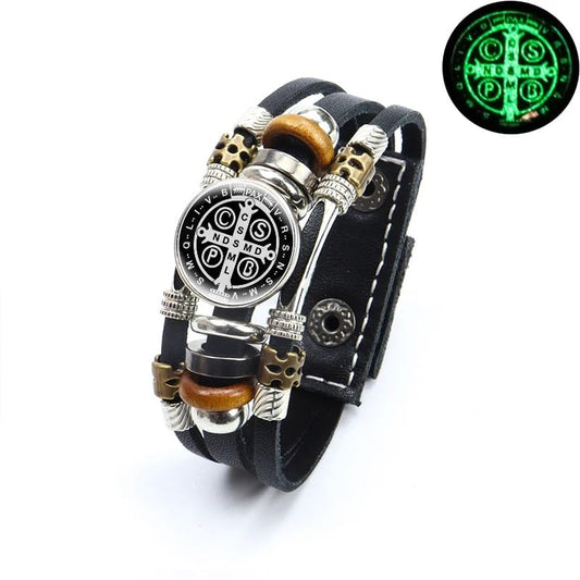 925 Sterling Silver San Benito Bracelet For Men - Luminous St Benedict Bracelets Leather Catholic San Benito Snap Button Bangles Multilayer Wristband, Rosario De San Benito, Pulseras De San Benito - color: 10 - San Benito Bracelet