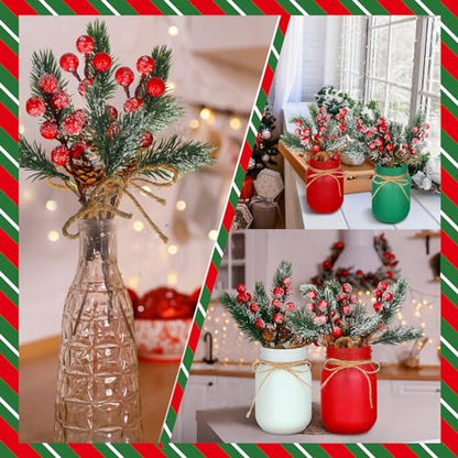 Karenhi 16 Pcs Christmas Mason Jar Centerpieces Pine Berries,Pine Needles