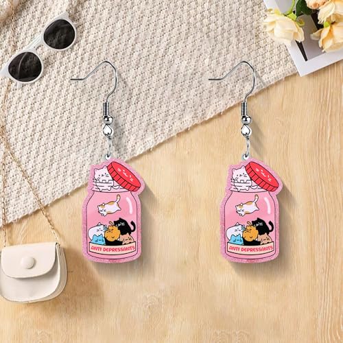Christian Statement Earrings for Women, Acrylic Dangle Earrings, Lightweight Comfortable, Non Tarnish Hooks, Faith Jewelry, Religious Gift for Women - color: Pink Bottle Cat