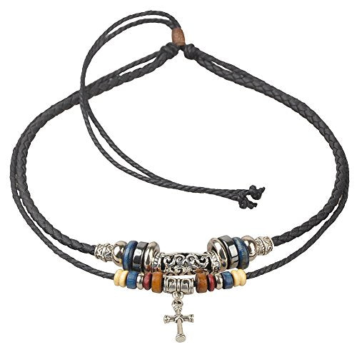 Boho Layered Leather and Hemp Cord Necklace with Cross Pendant – Adjustable Double Strand Choker Jewelry for Men and Women, 15 Inches