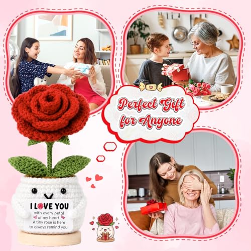 Positive Crochet Rose Flower Gift for Her, Romantic Anniversary Valentines Day I Love You Birthday Gift for Girlfriend Wife Husband, Encouragment Positive Gifts for Couples Husband Mom Grandma - color: Rose