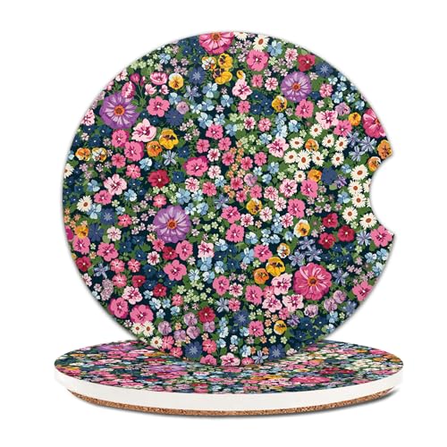 COYEUX Absorbent Car Cup Holder Coaster 2 Pack, Funny Car Accessories Interior, 2.56" Cute Car Coasters with a Finger Notch for Women & Men Colorful Boho Leaf