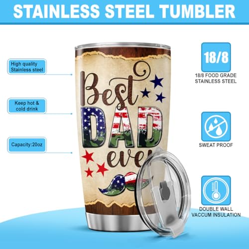 Best Dad Ever Patriotic Tumbler 20oz, Rustic American Mustache Design, Stainless Steel Insulated Travel Mug, Funny Gift for Fathers Day, Birthday, Husband, Grandpa - color: Dad Life S4