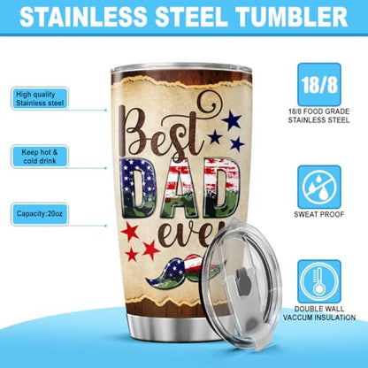 Best Dad Ever Patriotic Tumbler 20oz, Rustic American Mustache Design, Stainless Steel Insulated Travel Mug, Funny Gift for Fathers Day, Birthday, Husband, Grandpa - color: Dad Life S4