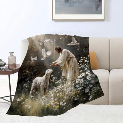 Jesus Lamb Blanket Christian Jesus Soft Cozy Throw Blanket Christ Religious God Super Plush Warm Stuff Lightweight Fleece Flannel Blankets Gifts for Women Girls Kids Adults 60"X50" - color: Green Jesus Lamb, size: 60"x50"