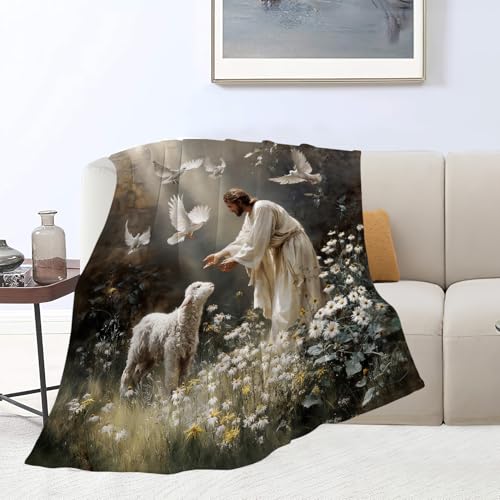Jesus Lamb Blanket Christian Jesus Soft Cozy Throw Blanket Christ Religious God Super Plush Warm Stuff Lightweight Fleece Flannel Blankets Gifts for Women Girls Kids Adults 80"X60" - color: Green Jesus Lamb, size: 80"x60"