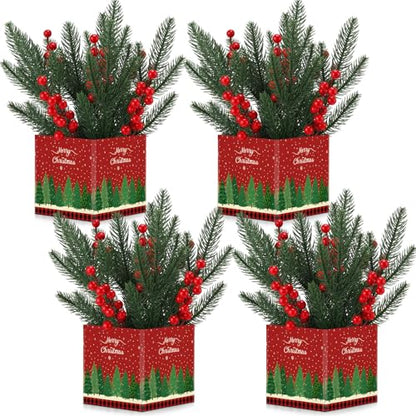 Zeyune 4 Set Christmas Centerpiece for Table Bulk, 4.7 Inch Xmas Centerpiece Decoration Ideal with Artificial Pine Branches and Red Berries Stems for Xmas Party Indoor Home Decor(Christmas Tree) - style: Stylish
