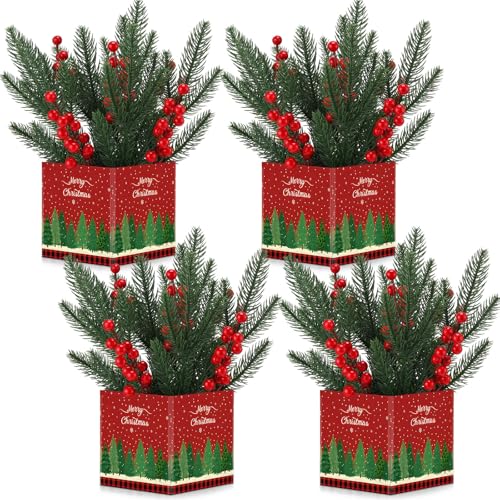 Zeyune 4 Set Christmas Centerpiece for Table Bulk, 4.7 Inch Xmas Centerpiece Decoration Ideal with Artificial Pine Branches and Red Berries Stems for Xmas Party Indoor Home Decor(Christmas Tree) - style: Stylish