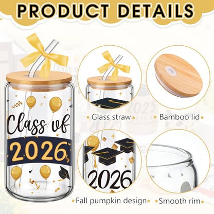 SiliFine 6 Pcs Graduation Glass Cups, 16 oz with Lids and Straws - style: Graduation