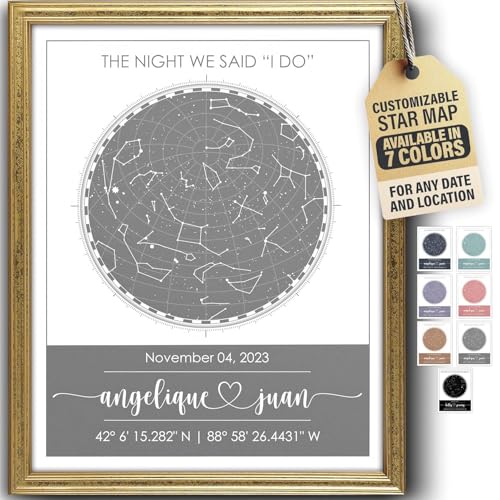 Custom Star Map - Fully Personalized (Your Details, Size, Color, Framing) | Romantic Gifts for Her | Gifts for Husband | Paper Anniversary Art Print | Great Gift for Special Ocassions (e.g. Wedding, Birthday, etc) - color: Grey, size: 11x14, style: Accent