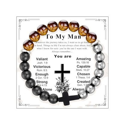 Gifts for Men Bracelets Triple Protection Cross Bracelet 8mm Black Obsidian Hematite Tiger Eye Beaded Natural Stone Bracelets Birthday Jewelry Gifts Cross Christian Gift for Him Husband Son - color: To My Man,Triple Style