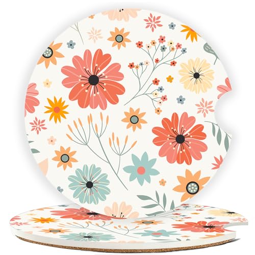Ceramic Car Cup Holder Coasters Set of 2, 2.56 in Red Flowers - color: Red Flowers