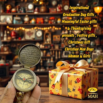 Handmade Religious Brass Compass Gift with Engraved & Embossed Faith Messages – Inspirational Christian Religious Gift Keepsake for Baptism, Confirmation, Christening, First Communion or Christmas - style: For I Know – Edition 1