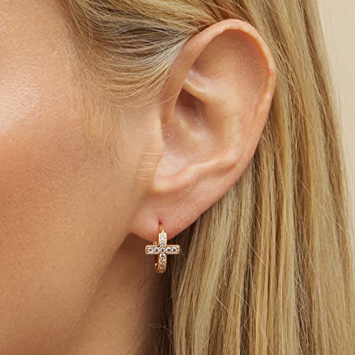 Barzel 18k Gold Plated Crystal Cross Huggies 0.5in length Earrings for Women - Made In Brazil
