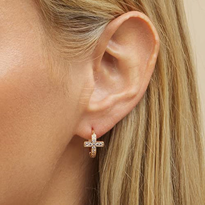 Barzel 18k Gold Plated Crystal Cross Huggies 0.5in length Earrings for Women - Made In Brazil