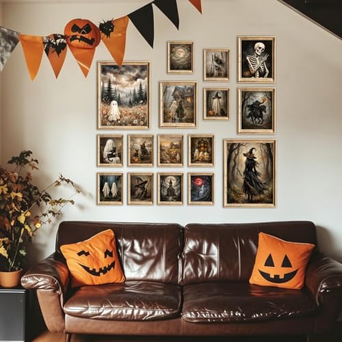 TWNSLLA Vintage Halloween Wall Art Dark Academia Decor for Home,Cute Ghost Pictures Wall Decor Moody Gothic Posters for Room Aesthetic,Creepy Halloween Art Prints for Bedroom Bathroom,Unframed - color: Witchy