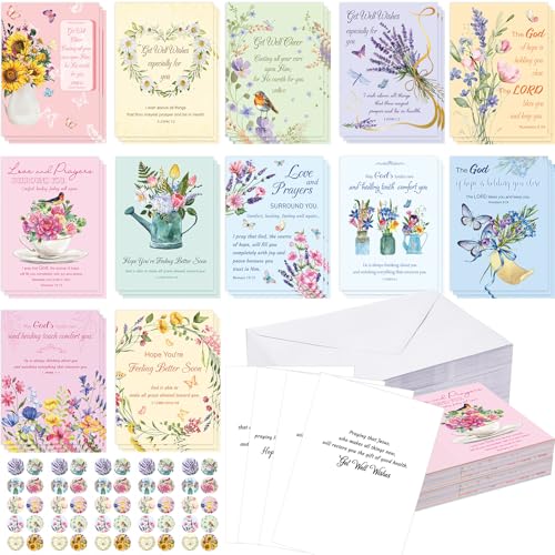 Motiskyy 72 Pack Religious Get Well Cards Bulk with Envelopes Stickers Christian Get Well Greeting Cards with Scripture Encouragement Blessing 4.5 x 6.2 Inch (Watercolor Flower) - style: Watercolor Flower