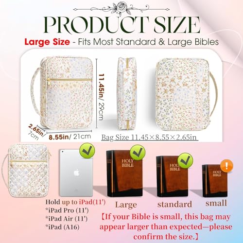 Large Quilted Bible Cover Case: Back to School Gifts for Women Girls