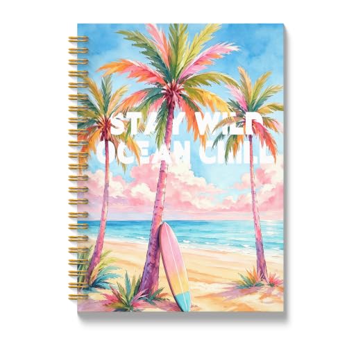 JMICTUB Pastel Summer Beach Coastal Spiral Notebook 5.5x8.3, Tropical Ocean Surfboard Palm Tree Hardcover Lined Journal for Kids - color: Spiral notebook-11
