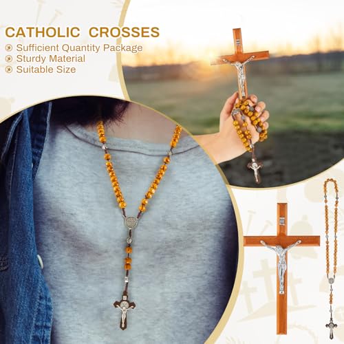 Leinuosen 4 Set Handmade Crucifix Wall Cross and Wooden Rosary Beads Jesus Cross Hanging Wood Rosary for Home Wall Pectoral Pendant Necklace Gifts Decor 7.87 Inch