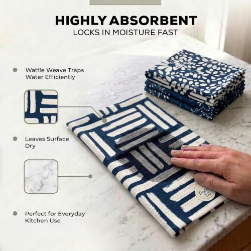 Kitchen Towels, Dish Towels for Kitchen, 3 Pc Kitchen Towel Set - color: Navy/Tan