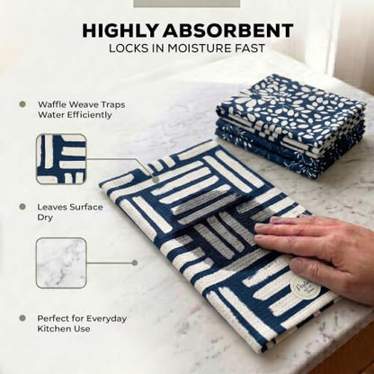Kitchen Towels, Dish Towels for Kitchen, 3 Pc Kitchen Towel Set - color: Navy/Tan