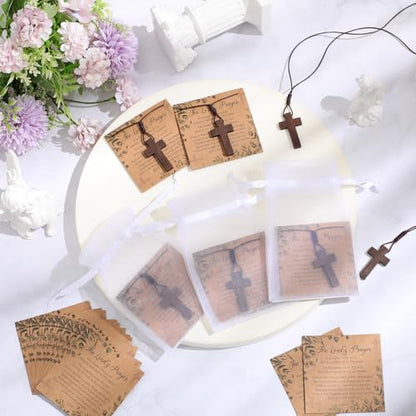 Ecation 24 Set Wooden Cross Necklace Bulk 24 Prayer Card 24 Organza Bag