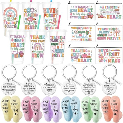 Funnymoom 24 Pcs Back to School Teacher Appreciation Gift from Students 2026 Thank You Gifts Bulk Pastel 24 oz Inspirational Plastic Tumbler Cup Makeup Cosmetic Bag Crew Sock Keychain for Retirement - style: Bright Teacher