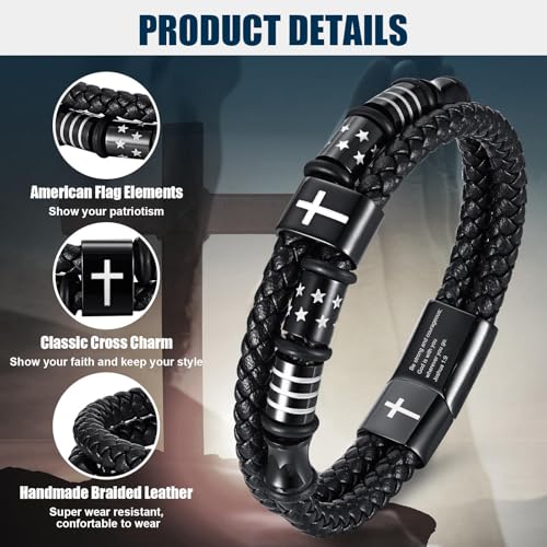 Mens Cross Bead Braided Genuine Leather Bracelet, Black Gemstone Agate Onyx Beaded Rosary Obsidian Bangle, Faith Religious Easter Catholic Christian Communion Baptism Christmas Jewelry Gift for Men - color: Black3 Size 7.5″ Joshua 1:9