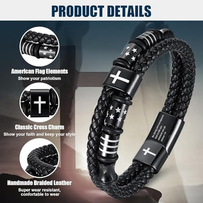 Mens Cross Bead Braided Genuine Leather Bracelet, Black Gemstone Agate Onyx Beaded Rosary Obsidian Bangle, Faith Religious Easter Catholic Christian Communion Baptism Christmas Jewelry Gift for Men - color: Black3 Size 7.5″ Joshua 1:9