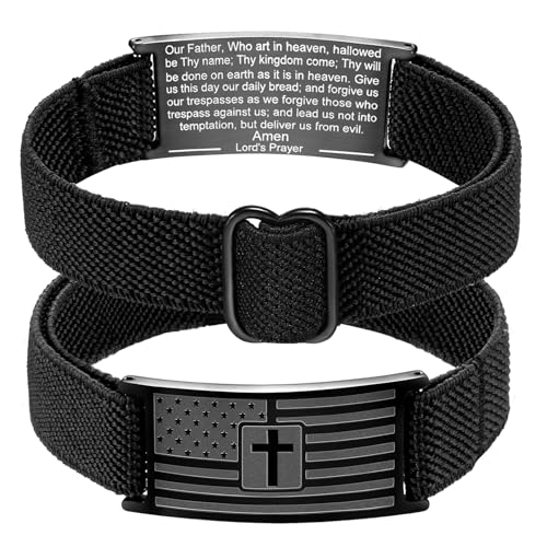 Easter Basket Stuffers - American Flag Cross Bracelet for Boys Men Freedom Adjustable Strap Christian Bracelets Engraved Bible Verses Inspirational Messages Religious Prayer Jewelry Gift Military Patriotic Wristbands - color: Black, size: Lord's Prayer