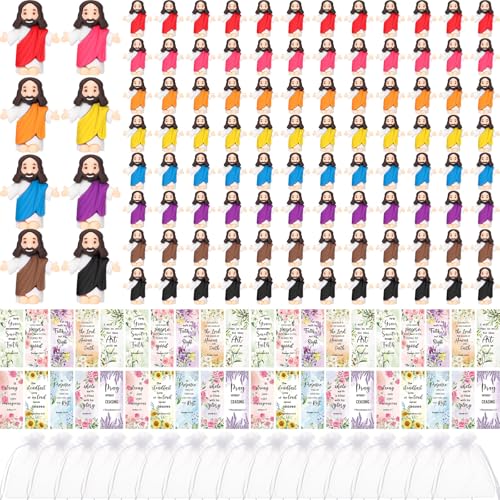 Barydat 100 Sets Mini Jesus Figurines Bulk Easter Gift Little Jesus Figures Tiny Toys Christ Savior Doll with Cards Bags for Religious Party Favors Sunday School Baptism Gift(Floral Style) - style: Floral Style
