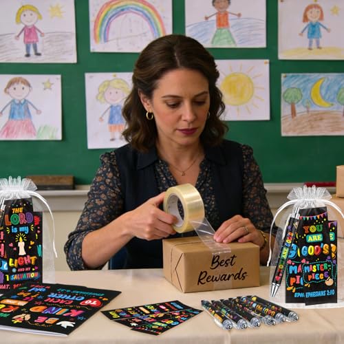 Moinchore 200 Pcs Christian Gift for Women Christian Accessories Include 50 Bible Verses Notebook 50 Church Bookmark 50 Ballpoint Pen Organza Bag Gift for Christmas Church Motivational (Bright) - style: Bright