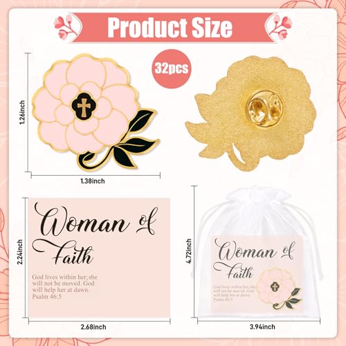32 Pcs Christian Woman of Faith Pins Gifts - Religious Cross Flower Brooch with Cards Bulk for Church Mothers Day