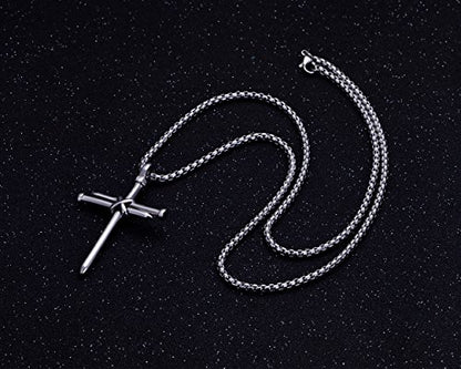 Men's Stainless Steel Nail Cross Pendant Necklace With 24 Inch Chain - color: Silver