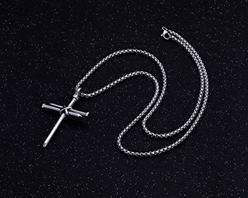 Men's Stainless Steel Nail Cross Pendant Necklace With 24 Inch Chain - color: Silver